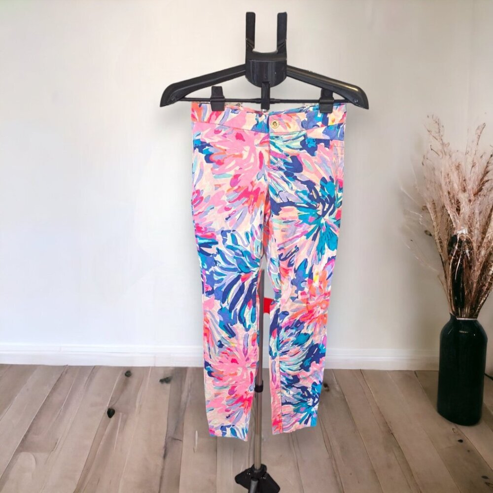 Lilly Pulitzer Skinny Stretch Ankle Pant in White, Pink & Blue Size 0